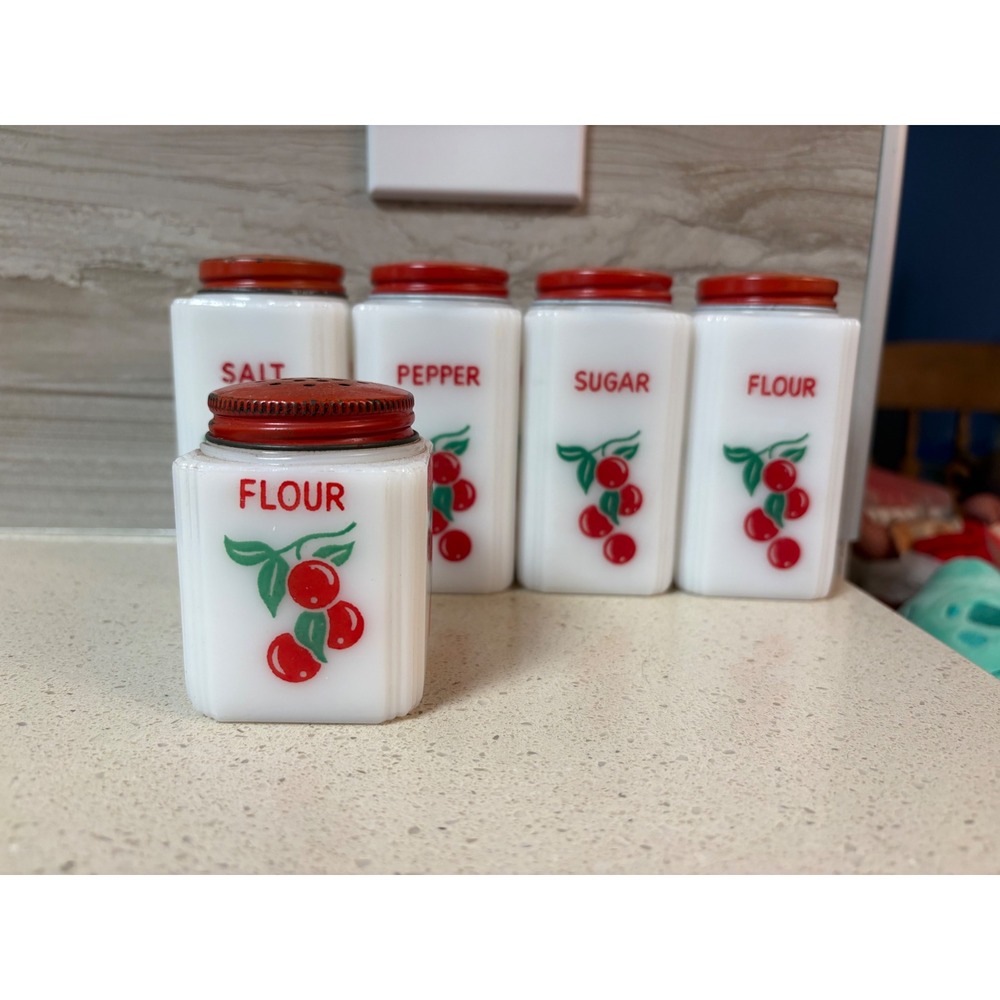 Vintage McKee Milk Glass Cherry Shakers Set of 5 Salt Pepper Sugar Flour